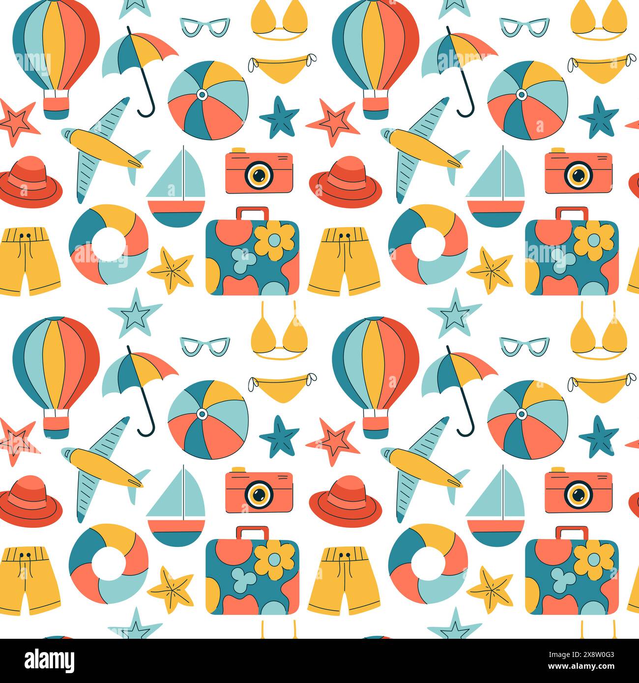 Motif sans couture coloré avec été, éléments de voyage tels que valise, appareil photo, parapluie. Symboles de dessins animés simples de vacances, détente sur la plage. Illustration de Vecteur
