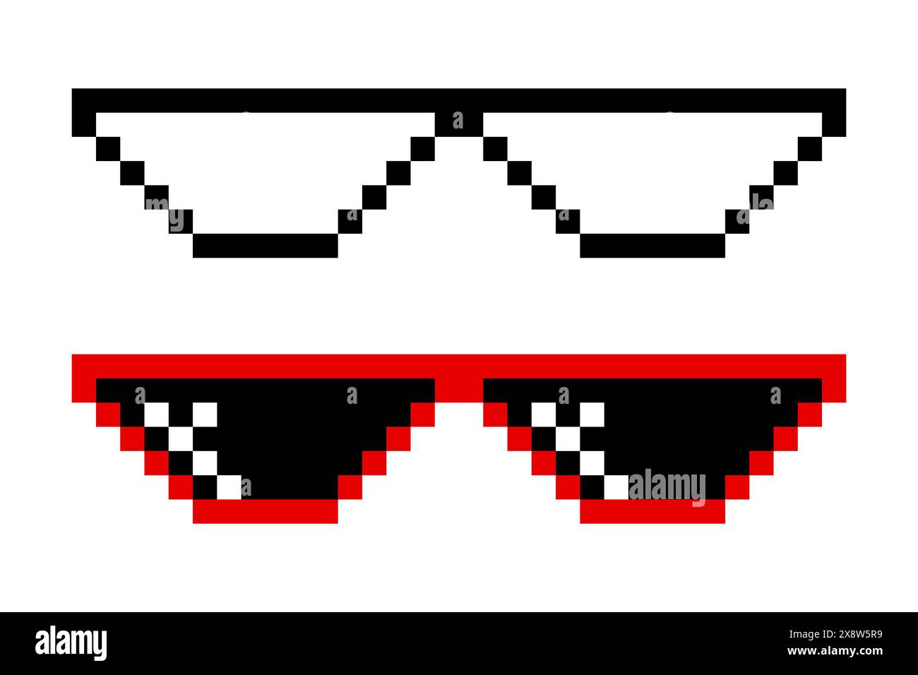 Ensemble de lunettes de soleil pixelisées. Lunettes Pixel Boss, style 8 bits. Meme Game 8-bit lunettes de soleil modèle de conception, isolé Illustration de Vecteur