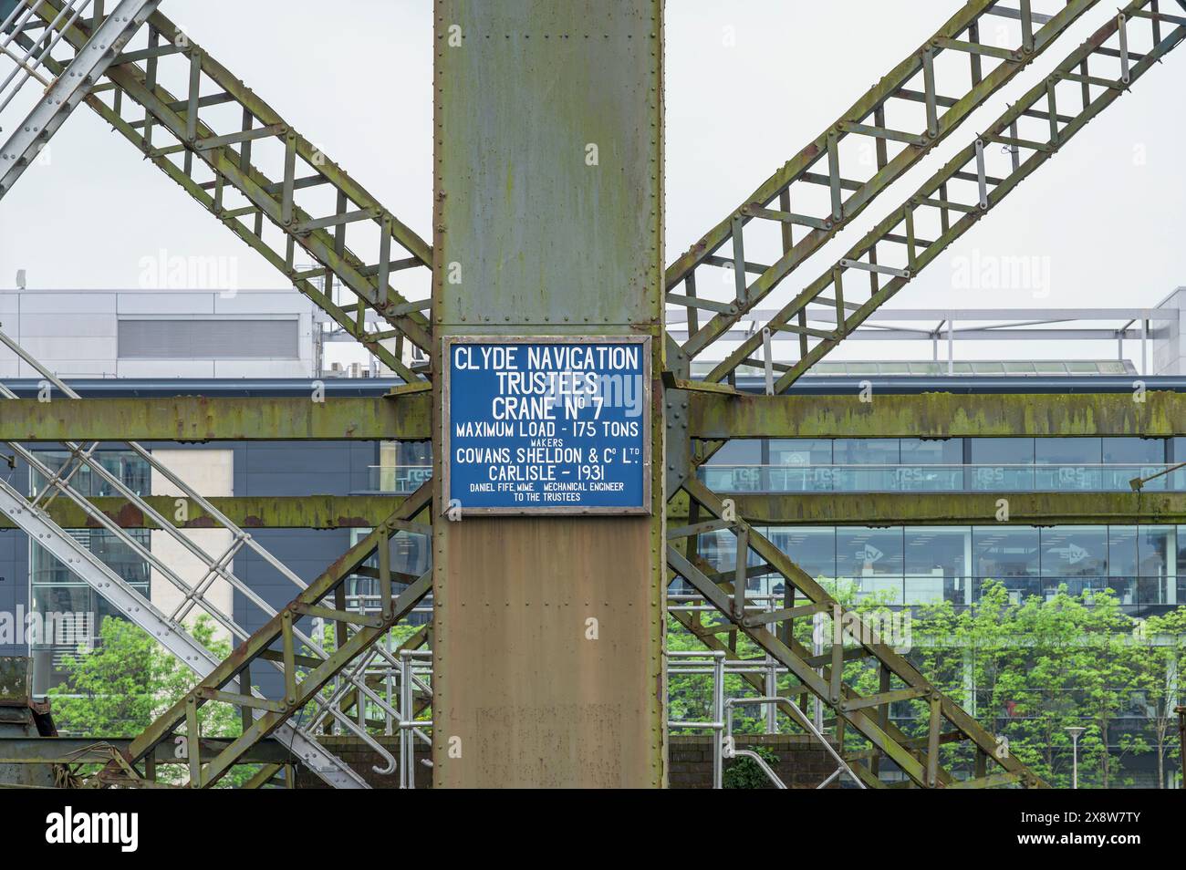 Détail d'un panneau sur la grue Finnieston, Glasgow, Écosse, Royaume-Uni, Europe Banque D'Images