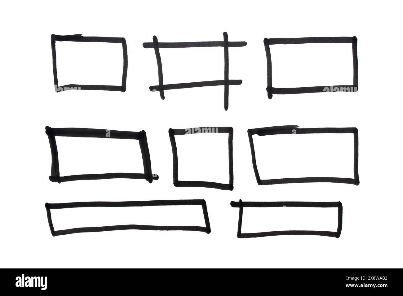 Ensemble de formes carrées et rectangulaires dessinées avec un marqueur noir sur fond blanc isolé Banque D'Images
