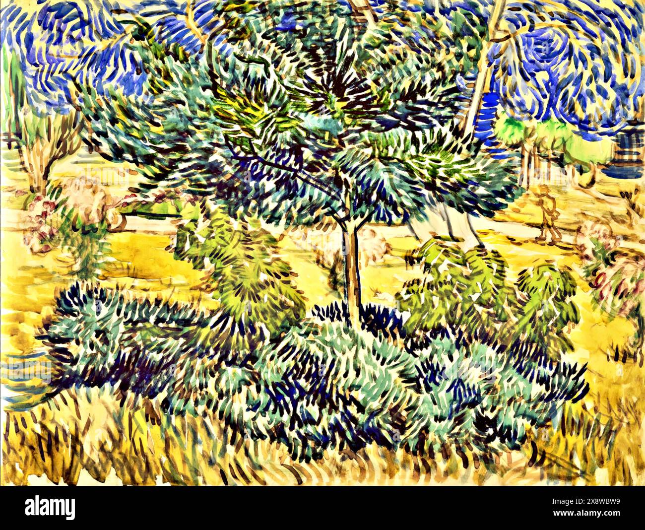 Arbre et buissons dans le jardin de l'asile, 1889 (peinture) artiste Gogh, Vincent van (1853-90) néerlandais. Illustration de Vecteur