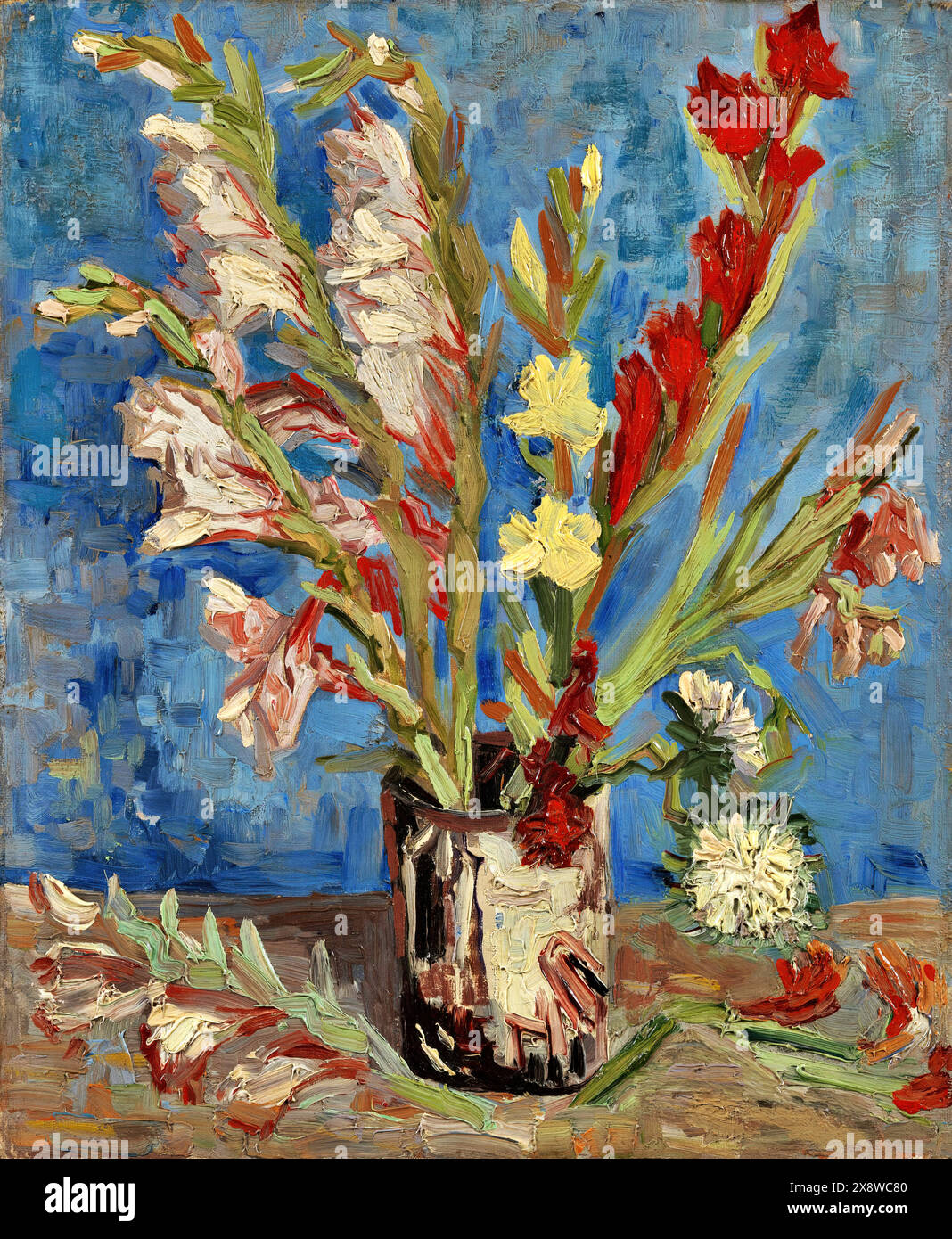 Vase avec gladioli et asters chinois, 1889 (peinture) artiste Gogh, Vincent van (1853-90) néerlandais. Illustration de Vecteur