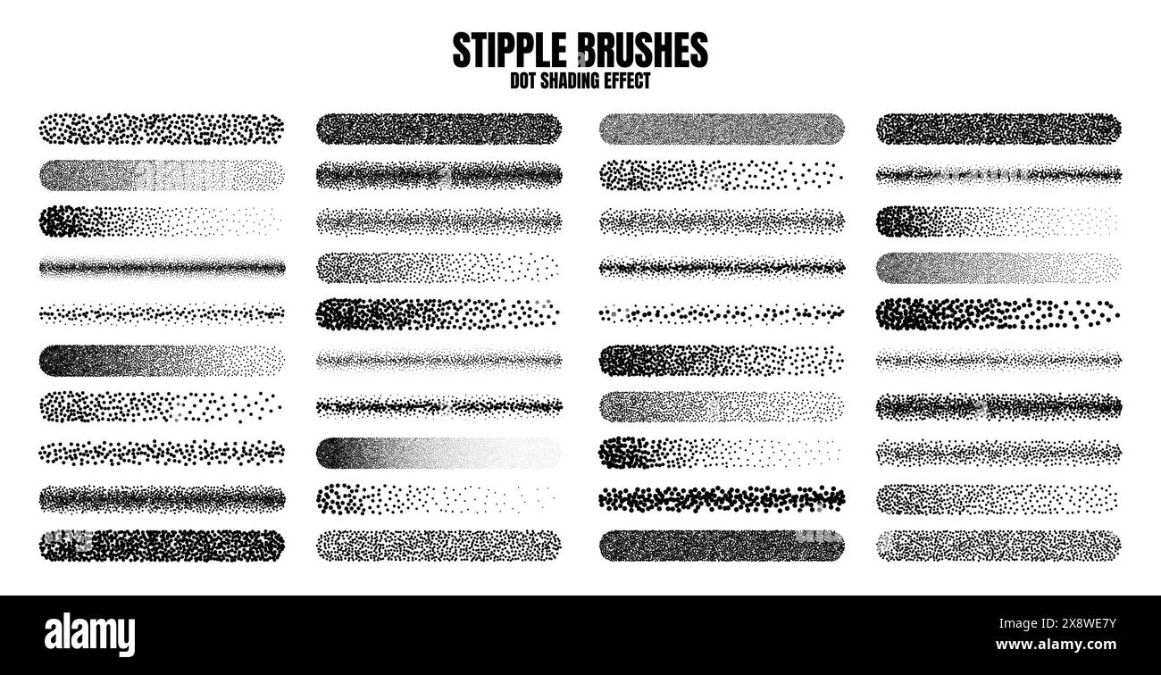 Pinceau dispersé à stipple, dessin à l'encre et texturation. Dégradé de fondu. Pointillés, dessin dotwork, ombrage à l'aide de points. Effet de désintégration des demi-tons Illustration de Vecteur