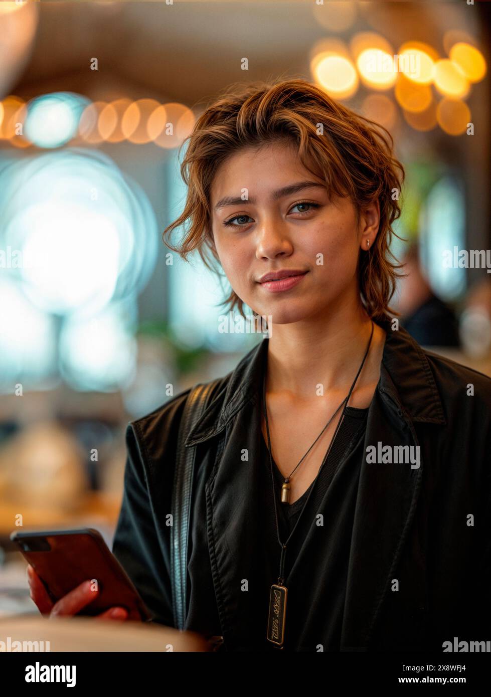 Personne transgenre avec les cheveux courts et la tenue élégante souriant tout en tenant un smartphone dans un cadre chaud. Banque D'Images