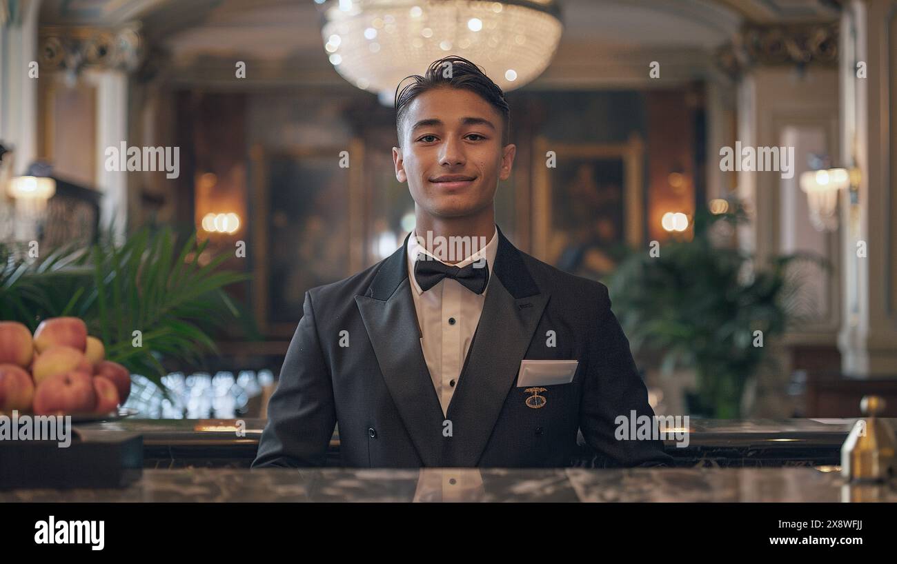 Jeune concierge transgenre dans un smoking souriant à la réception d'un hôtel de luxe. Banque D'Images