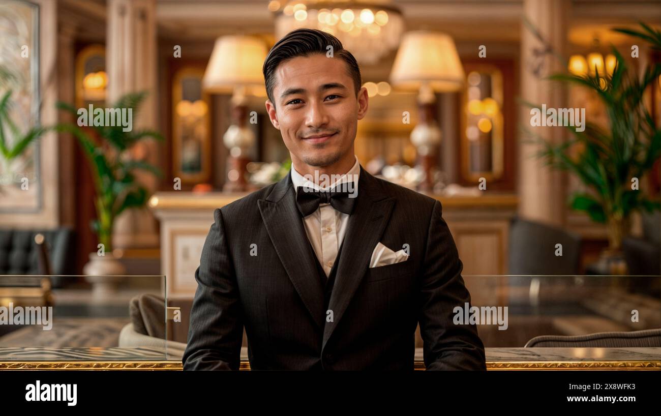 Réceptionniste transgenre asiatique souriante dans un smoking à la réception luxueuse. Banque D'Images