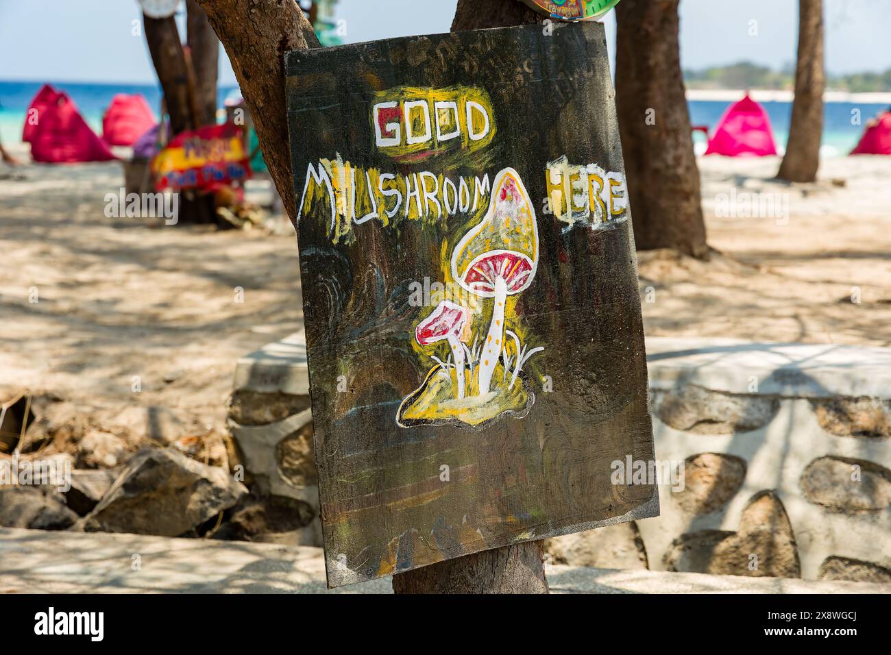 Bars de plage faisant la publicité de la vente de 'champignons magiques' hallucinogènes sur l'île de Gili Trawangan en Indonésie Banque D'Images