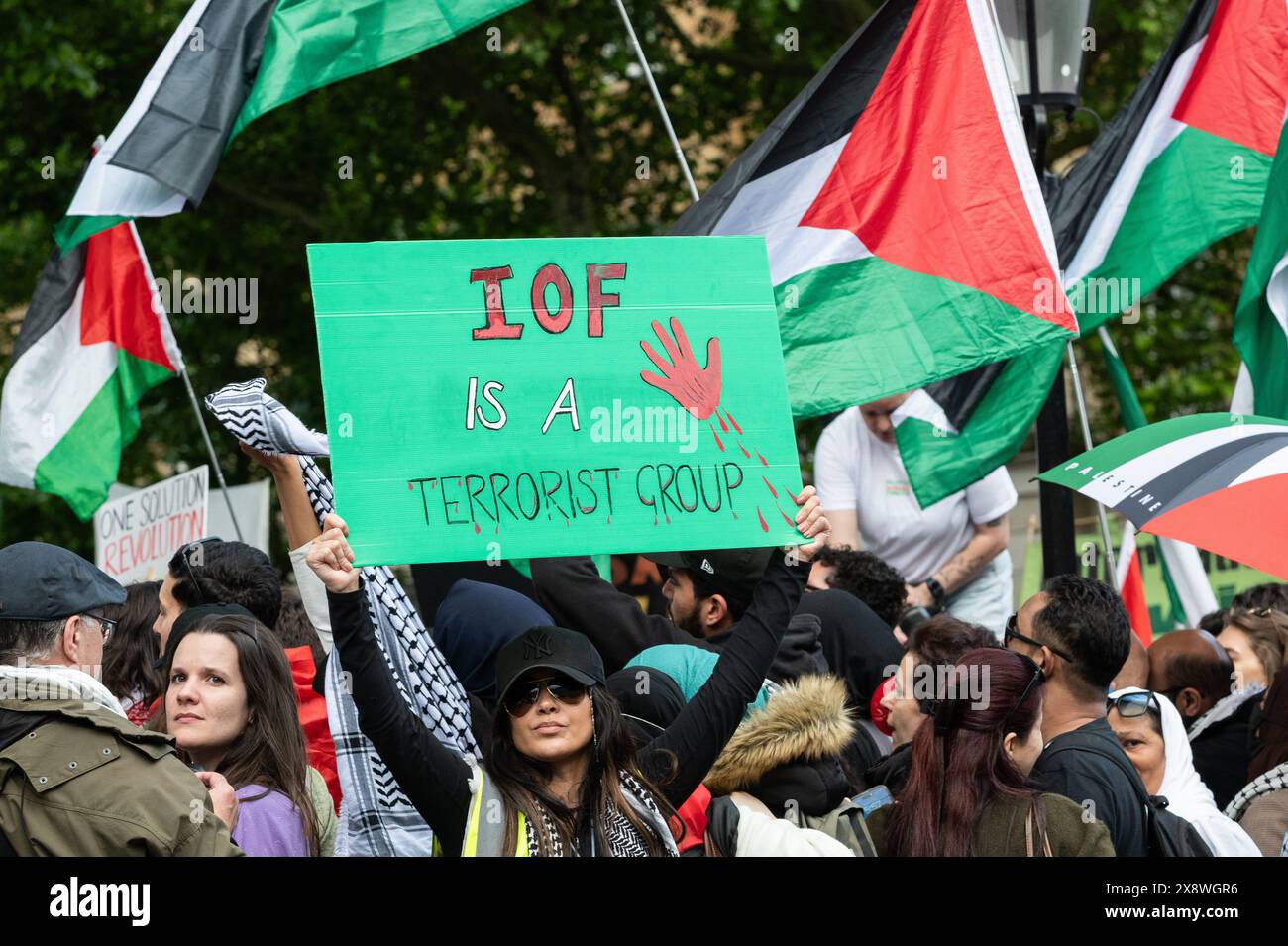 Londres, Royaume-Uni. 27 mai 2024. Plusieurs centaines de sympathisants palestiniens manifestent à Whitehall, en face de la résidence Downing Street du premier ministre Rishi Sunak, à la suite des frappes aériennes israéliennes sur des tentes abritant des personnes déplacées à Rafah, Gaza, qui ont tué des dizaines de civils. Les manifestants ont appelé le Royaume-Uni à cesser d'armer Israël, à mettre fin à la coopération militaire et au soutien politique et à imposer des sanctions contre Israël. Crédit : Ron Fassbender/Alamy Live News Banque D'Images