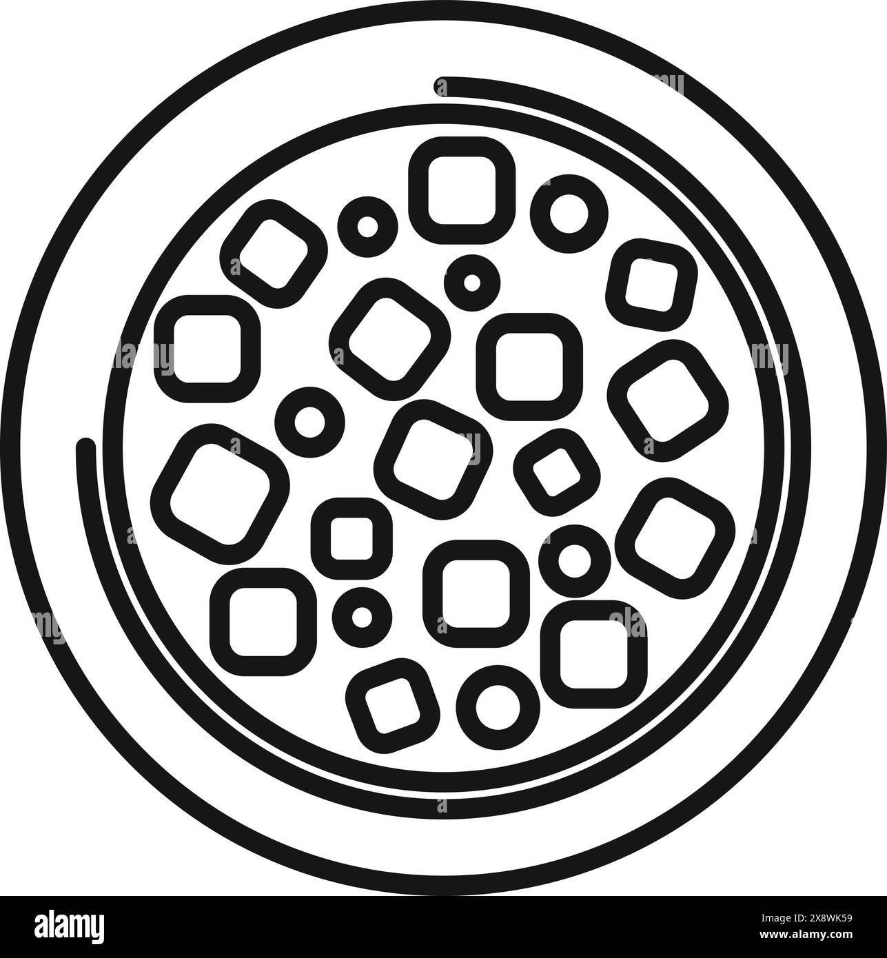 Dessin simpliste au trait noir et blanc d'une pizza avec diverses garnitures dans la vue de dessus Illustration de Vecteur