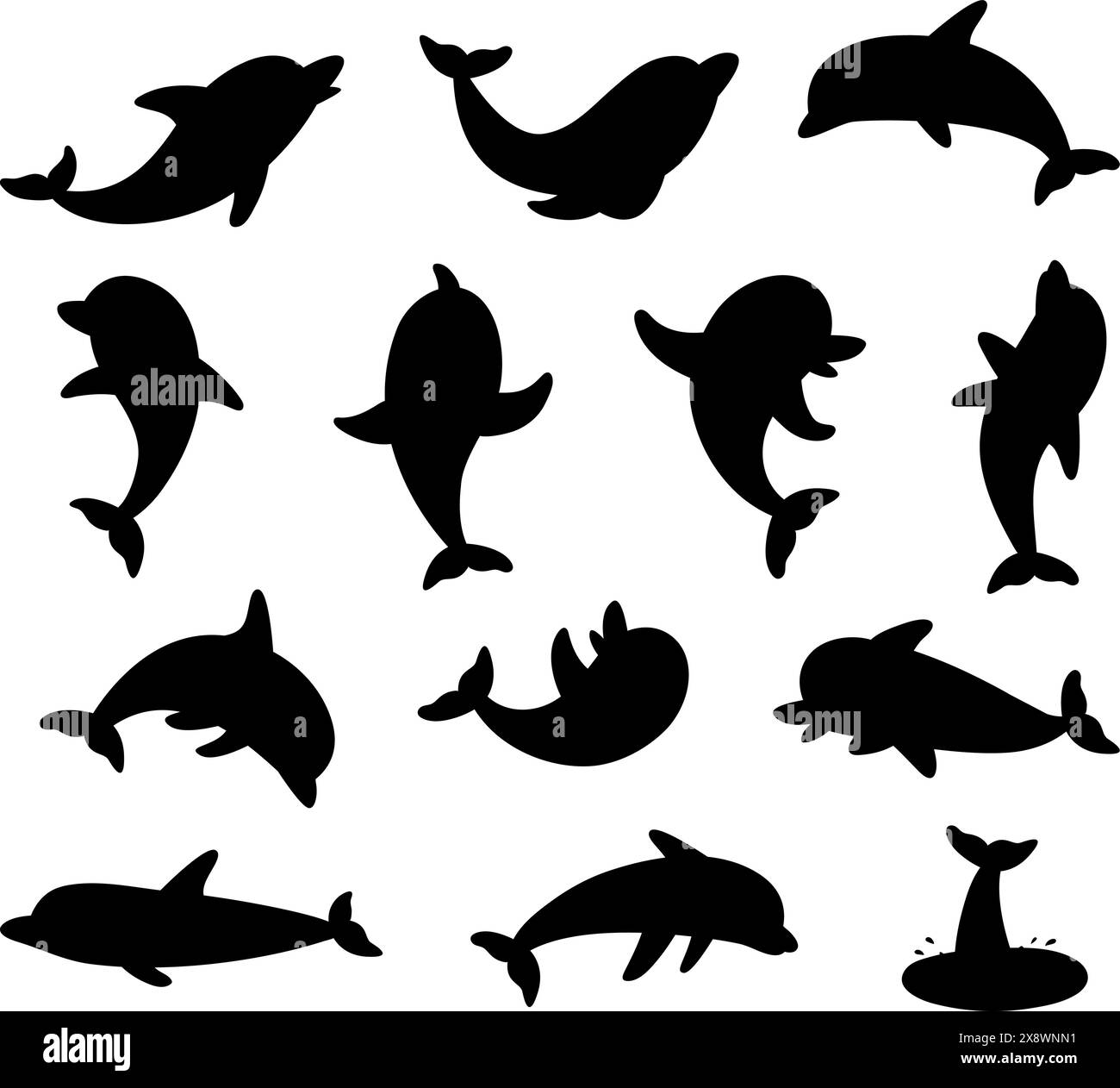 Silhouettes isolées de dauphins noirs. Nage et jeu de dauphins. Autocollants d'animaux sous-marins, clipart vectoriel chic de personnages marins marins de la mer plate Illustration de Vecteur