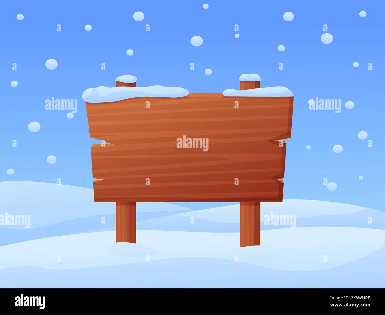 Panneau d'affichage en bois d'hiver. Panneau d'affichage en bois vide dans la neige. Bannière pôle Nord, élément noël ou nouvel an. Tableaux d'annonce de dessin animé de nos jours fond de vecteur Illustration de Vecteur