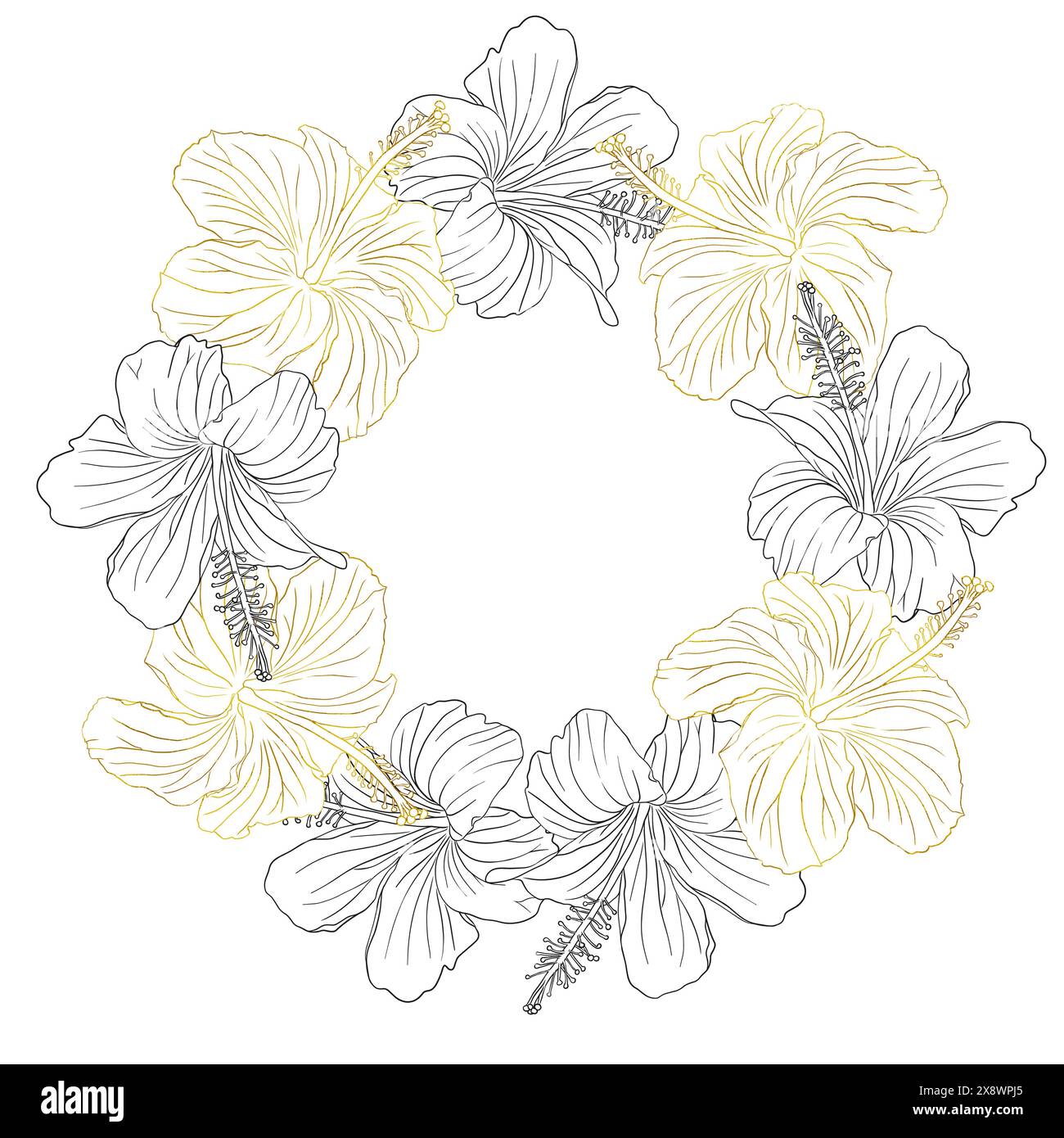 Une couronne de fleurs d'or et d'encre noire avec une couronne de fleurs noires et blanches. Les fleurs sont disposées selon un motif circulaire. Illustration de Vecteur