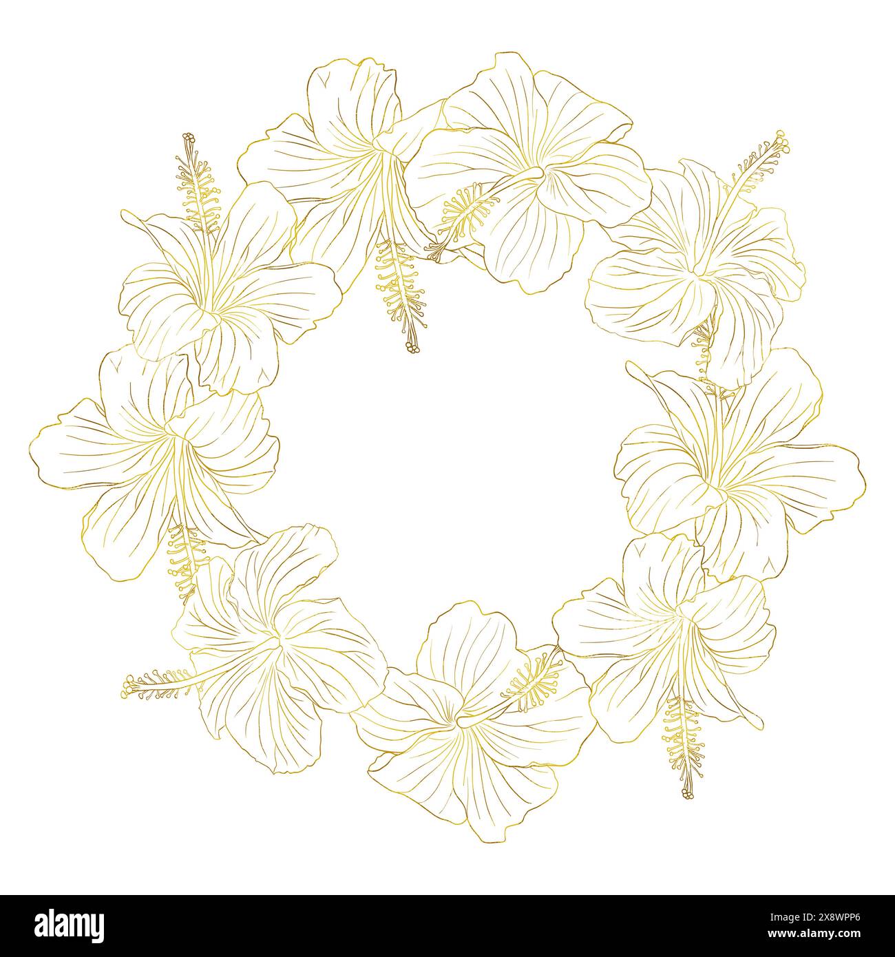 Illustration florale. Une couronne de fleurs dorées avec une couronne de fleurs noires et blanches. Les fleurs sont disposées dans un motif circulaire pour carte ou inviter Illustration de Vecteur