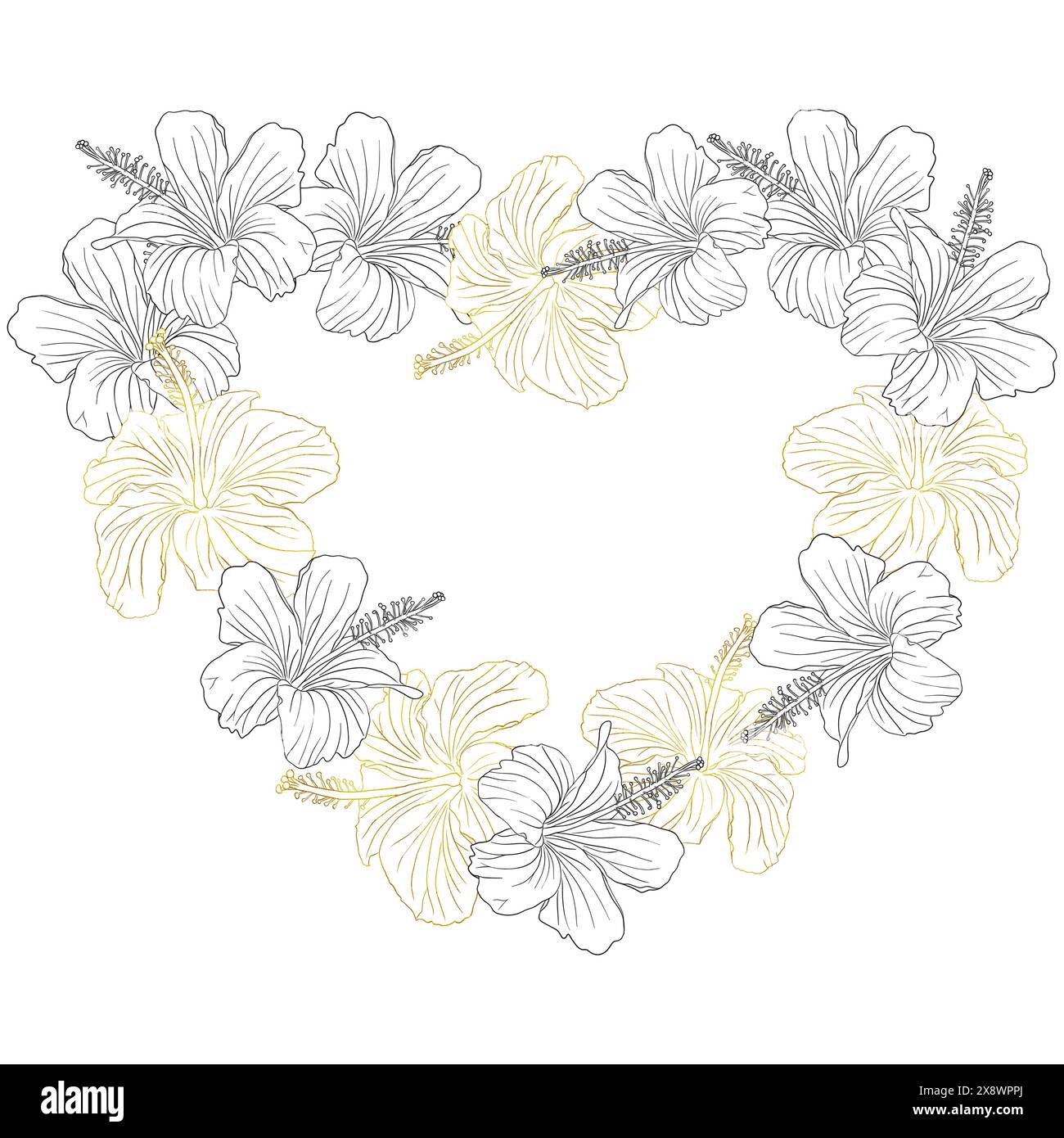 Une couronne de coeur de fleur dorée avec une couronne de fleur noire et blanche. Les fleurs sont disposées dans un motif circulaire pour carte ou inviter. Illustration de Vecteur