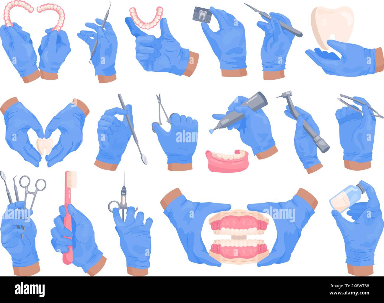 Les outils de dentiste en mains. Stomatologue chirurgie de la main gant stérile tenant l'équipement dentaire anesthésie brosse à dents dentisterie dentaire gants médicaux chirurgicaux illustration vectorielle chic Illustration de Vecteur