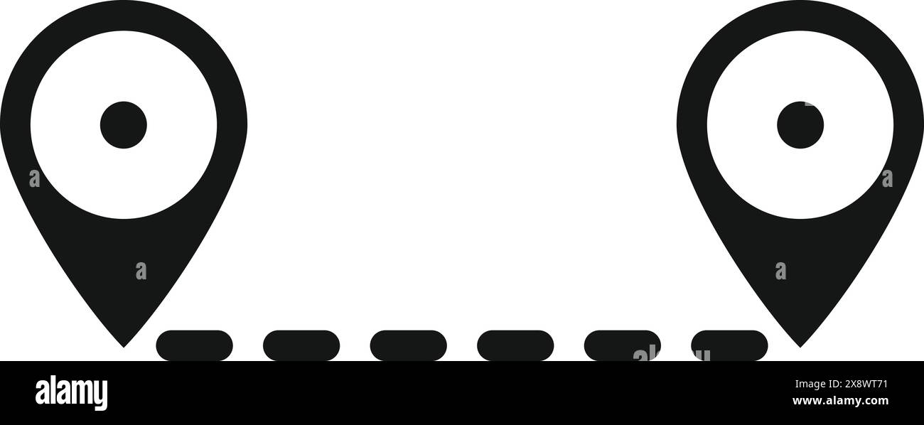 Graphique simple en noir et blanc montrant l'itinéraire entre deux emplacements marqués par des épingles Illustration de Vecteur