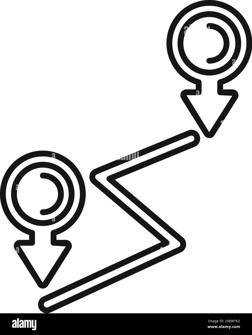 Icône stylisée en noir et blanc représentant une carte d'itinéraire avec deux épingles d'emplacement Illustration de Vecteur