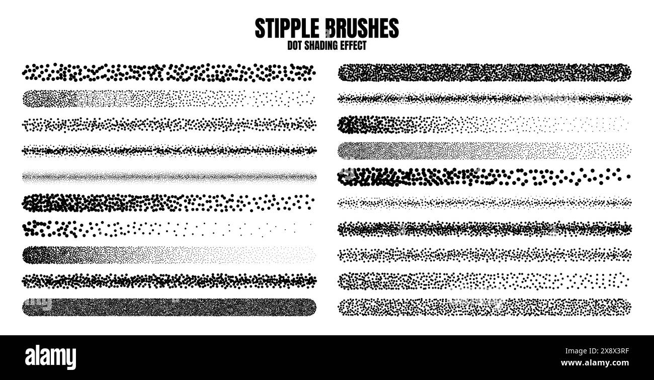 Pinceau dispersé à stipple, dessin à l'encre et texturation. Dégradé de fondu. Pointillés, dessin dotwork, ombrage à l'aide de points. Effet de désintégration des demi-tons Illustration de Vecteur
