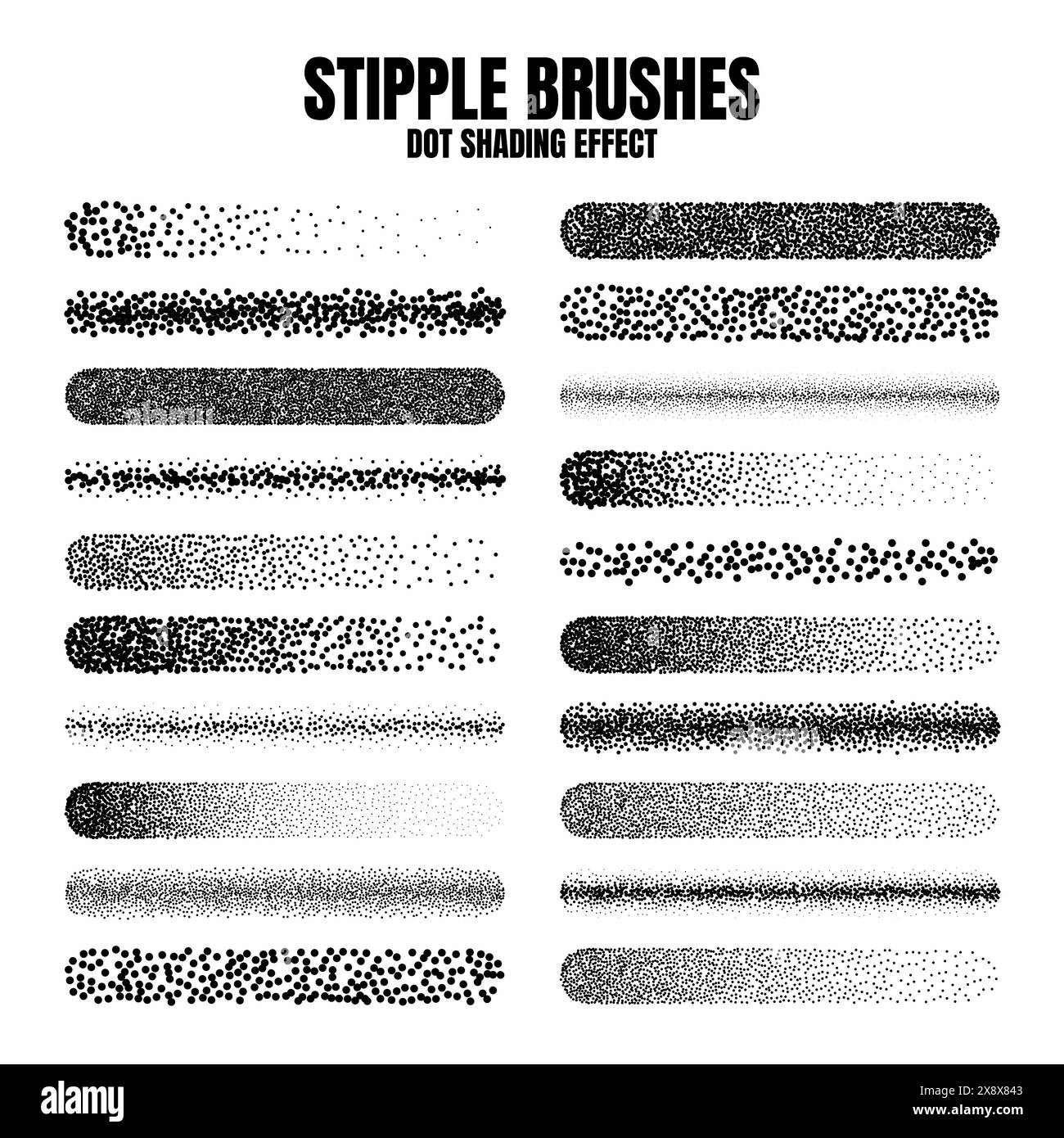 Pinceau dispersé à stipple, dessin à l'encre et texturation. Dégradé de fondu. Pointillés, dessin dotwork, ombrage à l'aide de points. Effet de désintégration des demi-tons Illustration de Vecteur