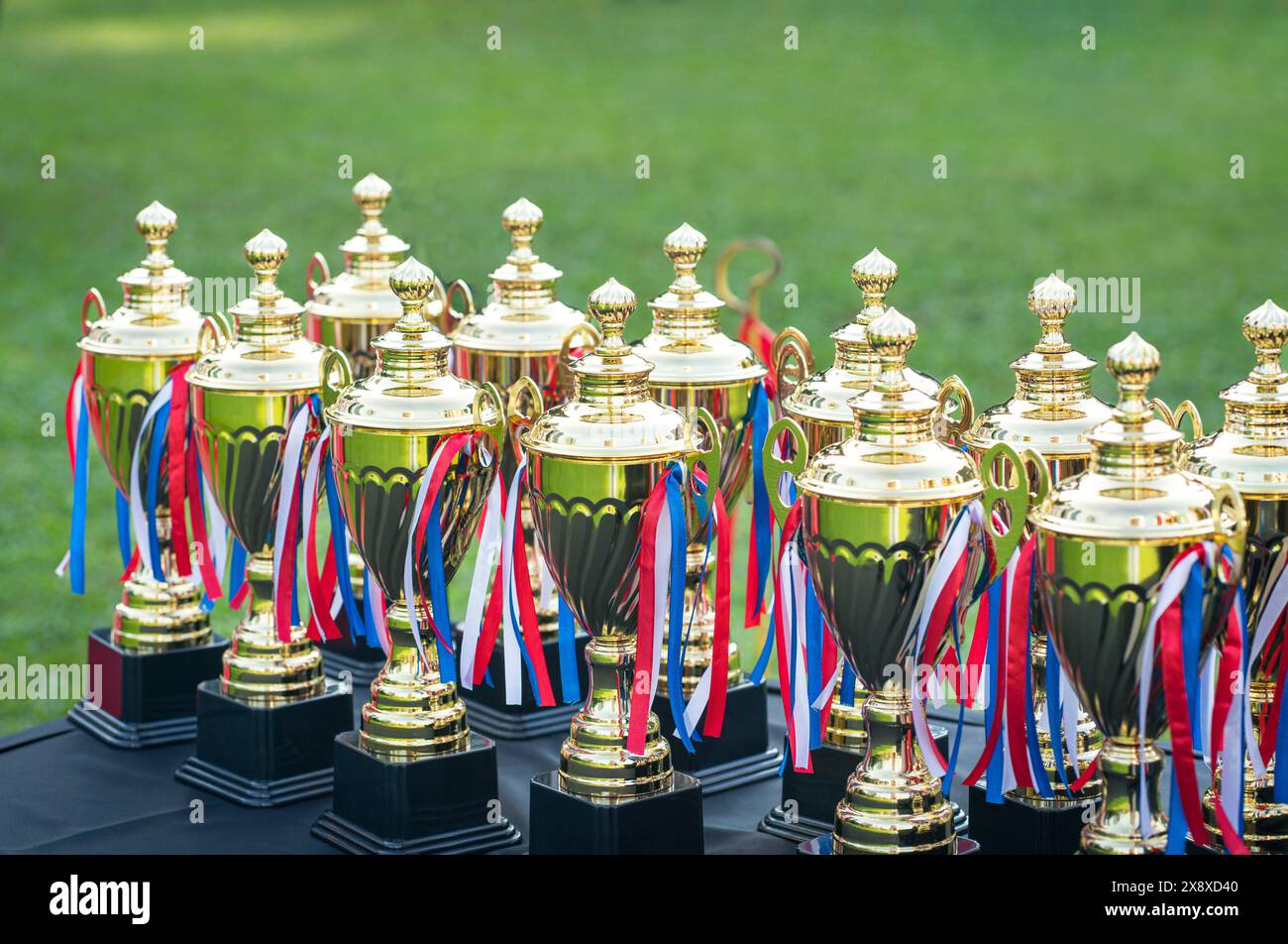 Groupe de coupes trophées sur la table. Pour un événement sportif en plein air. Banque D'Images