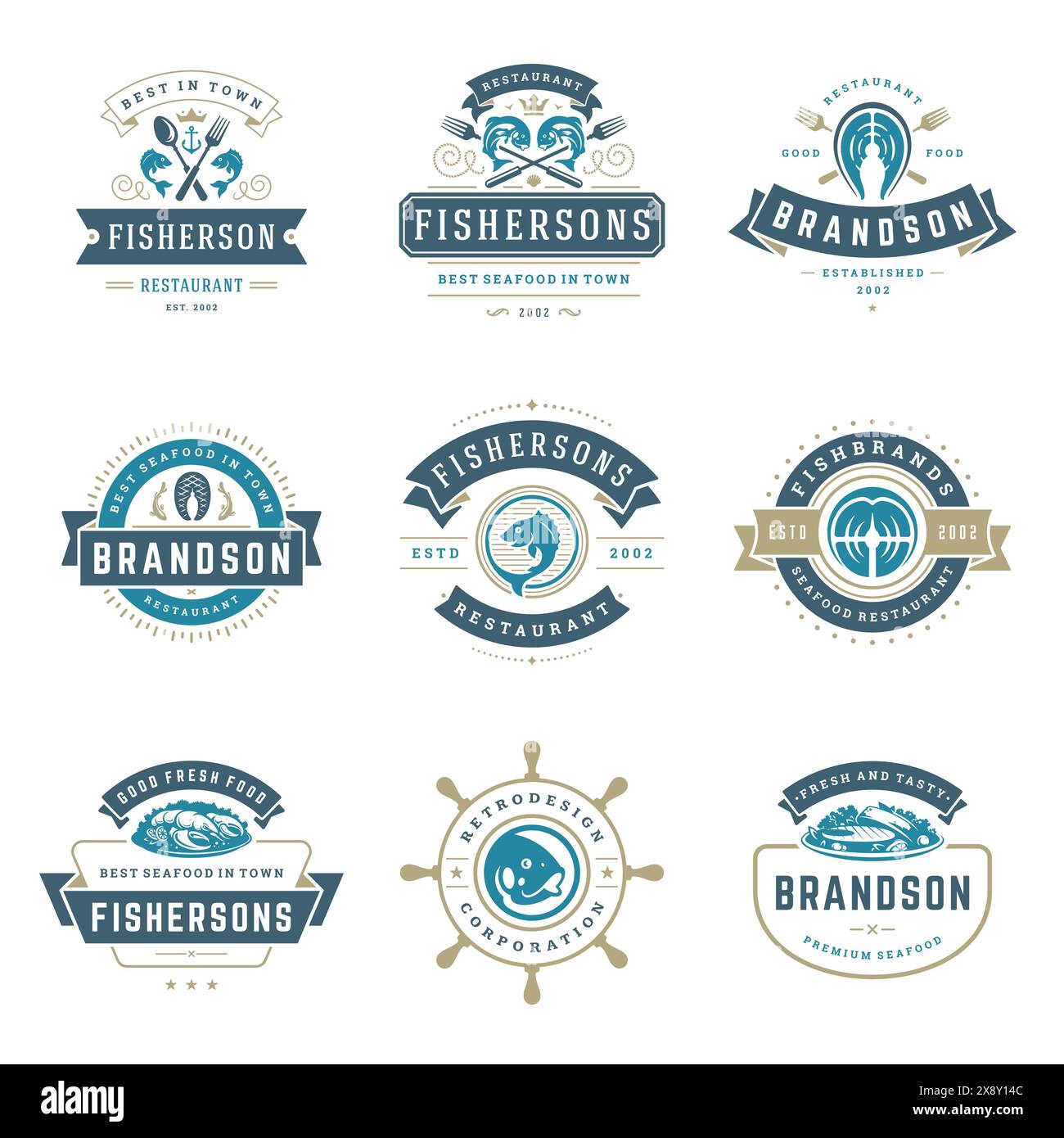 Illustration vectorielle de jeux de logos de restaurant de fruits de mer. Emblèmes de marché et de pêcheur, poissons et silhouettes de fruits de mer. Conception de badges typographiques vintage. Illustration de Vecteur