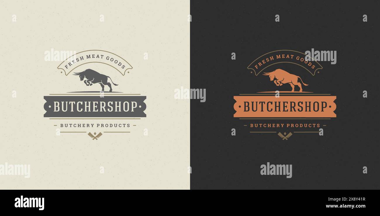 Steak House logo vecteur illustration sauter silhouette de taureau bon pour la ferme ou le badge de restaurant. Conception d'emblème de typographie vintage. Illustration de Vecteur