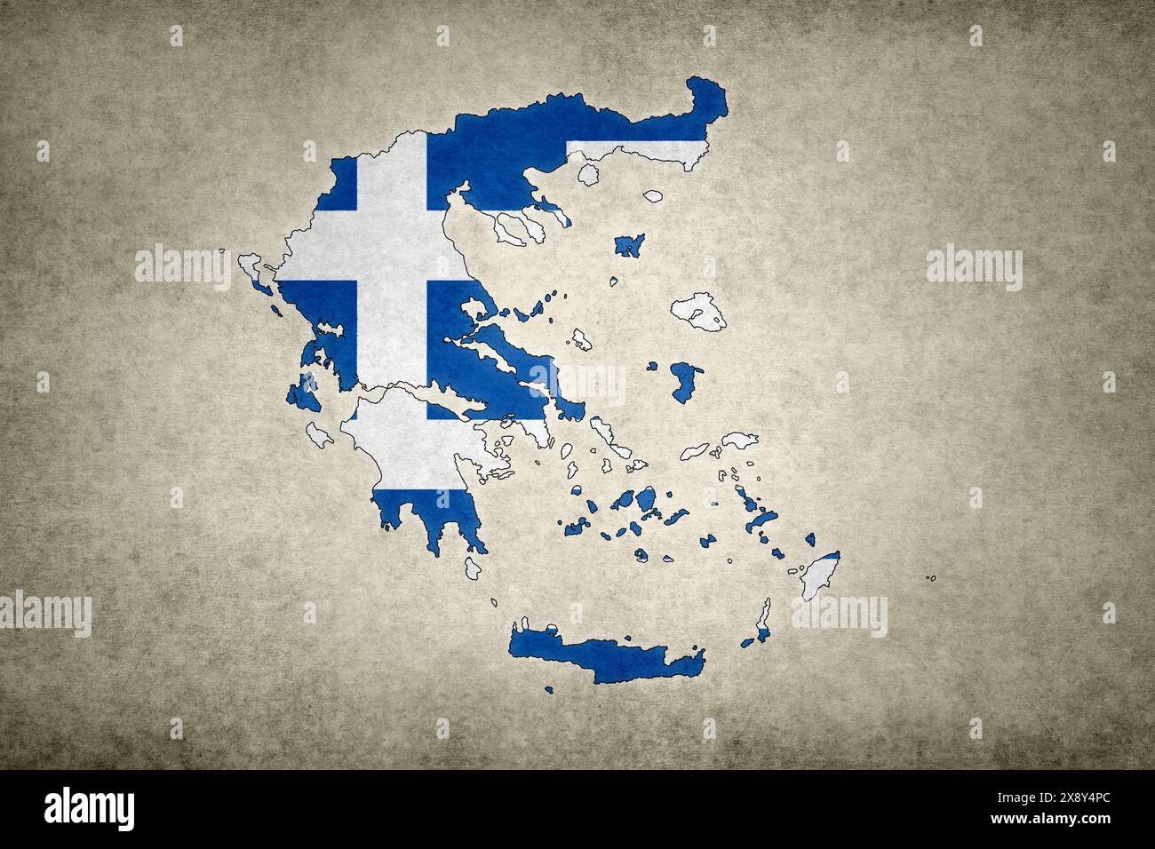 Carte grunge de la Grèce avec son drapeau imprimé à l'intérieur de sa frontière sur un vieux papier. Banque D'Images