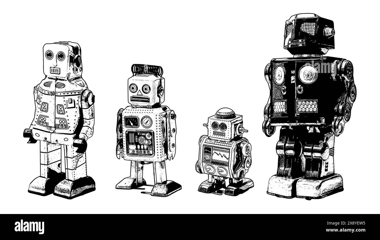 Ensemble de robots jouet en étain vintage debout, illustration noir et blanc Banque D'Images