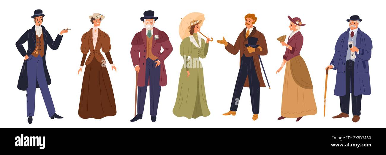 Messieurs et Mesdames. Mode masculine et féminine du XIXe siècle en Europe. Robes et costumes aristocratiques. Vêtements élégants. Tenue victorienne. Femmes classi Illustration de Vecteur