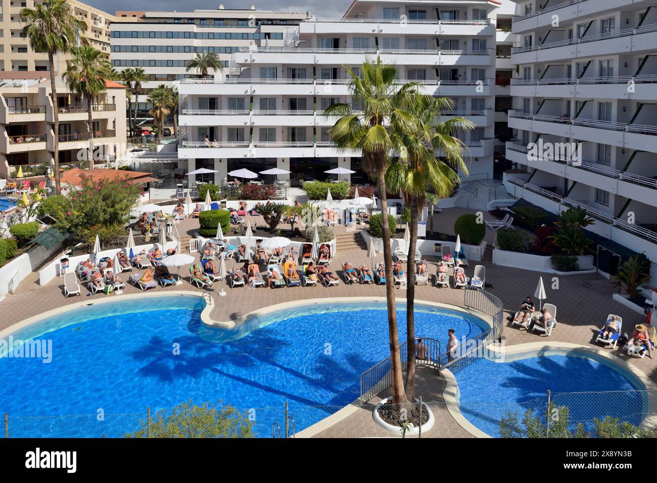 Espagne, Îles Canaries, Tenerife, Las Americas, playa de Las Americas, Hôtel et sa piscine Banque D'Images