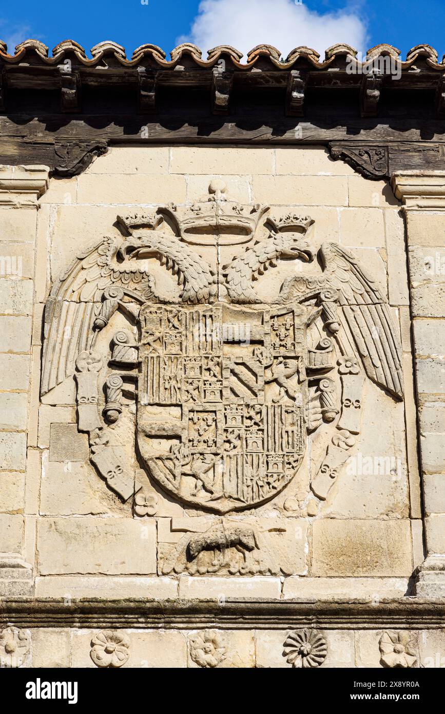 Espagne, Andalousie, Baeza, Renaissance ensembles monumentaux d'Ubeda et Baeza inscrits au patrimoine mondial de l'UNESCO, Plaza de los leones, armes sur l'ancien Banque D'Images