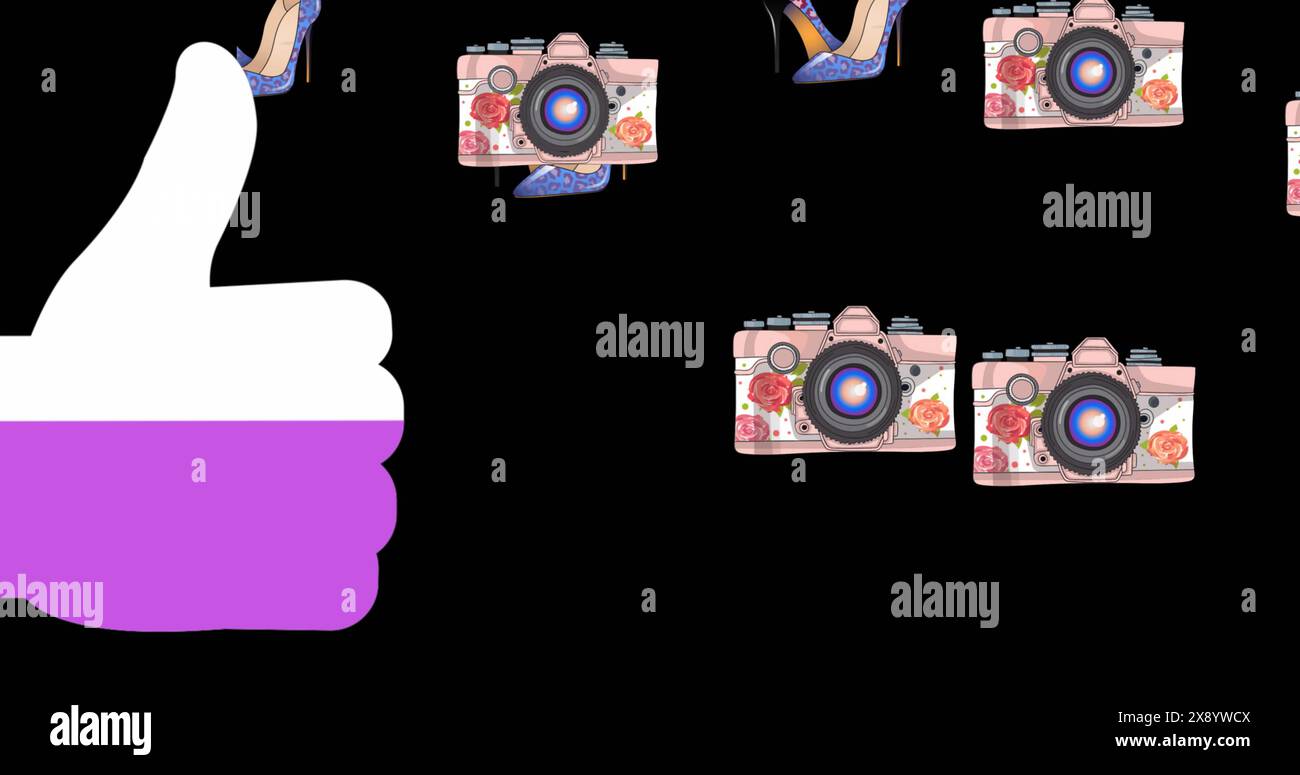 Illustration du chargement de l'icône pouce vers le haut sur des stilettos et des icônes d'appareil photo sur fond noir Banque D'Images