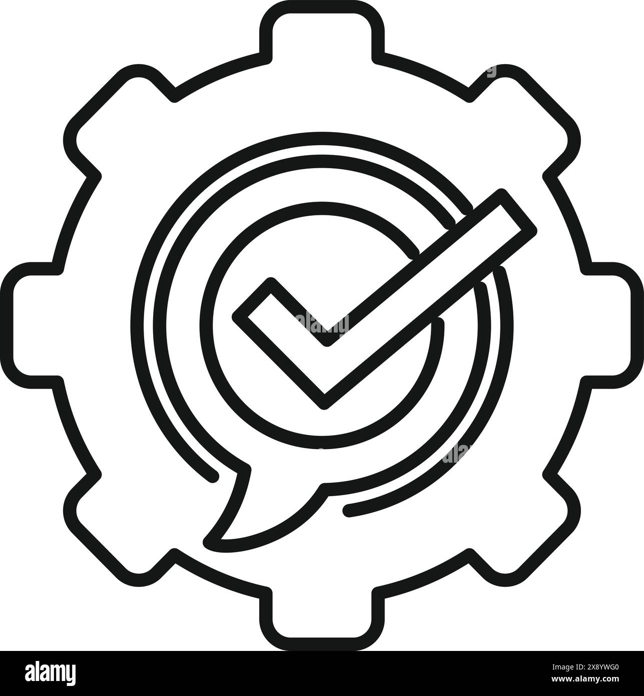 Illustration en noir et blanc d'une icône vérifiée par contrôle qualité avec une coche à l'intérieur d'un engrenage Illustration de Vecteur