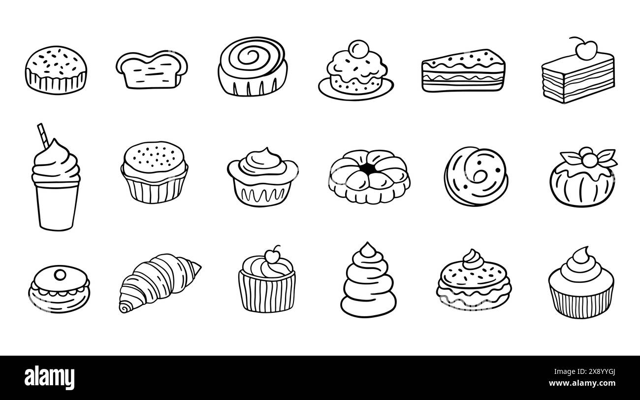 Menu pâtisserie sucrée desserts gâteaux Doodle Icons Set Illustration de Vecteur