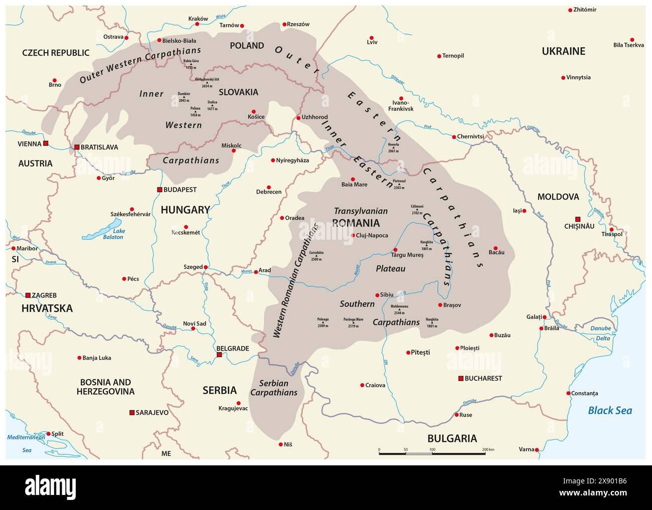 Carte vectorielle des hautes montagnes européennes des Carpates Banque D'Images