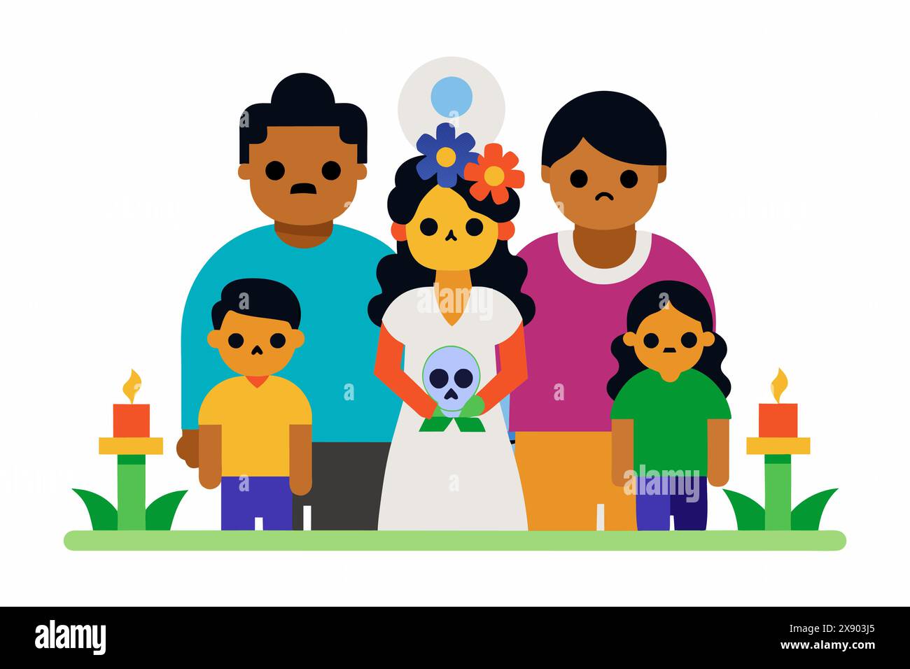 Famille célébrant le jour des morts avec un autel et un crâne. Isolé sur blanc. Concept de Dia de los Muertos, tradition familiale, célébration culturelle, Illustration de Vecteur