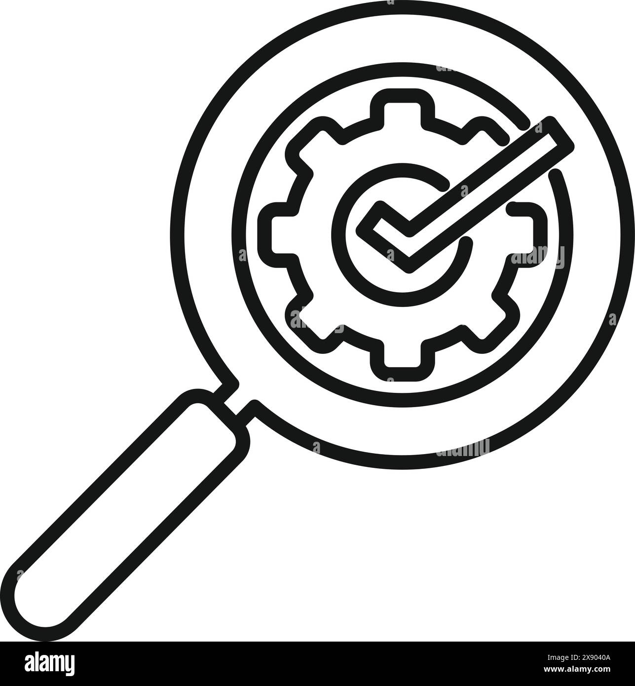 Icône de concept de contrôle qualité avec loupe, coche et symbole d'engrenage pour l'assurance et le processus de vérification dans l'ingénierie, la fabrication et l'industrie Illustration de Vecteur