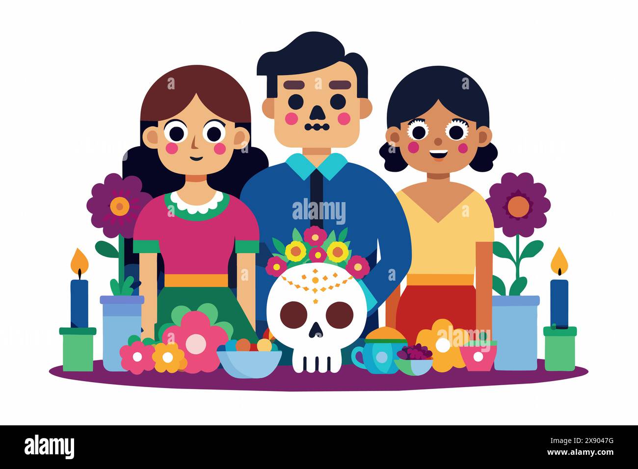 Famille célébrant le jour des morts avec un autel et un crâne. Isolé sur blanc. Concept de Dia de los Muertos, tradition familiale, célébration culturelle, Illustration de Vecteur