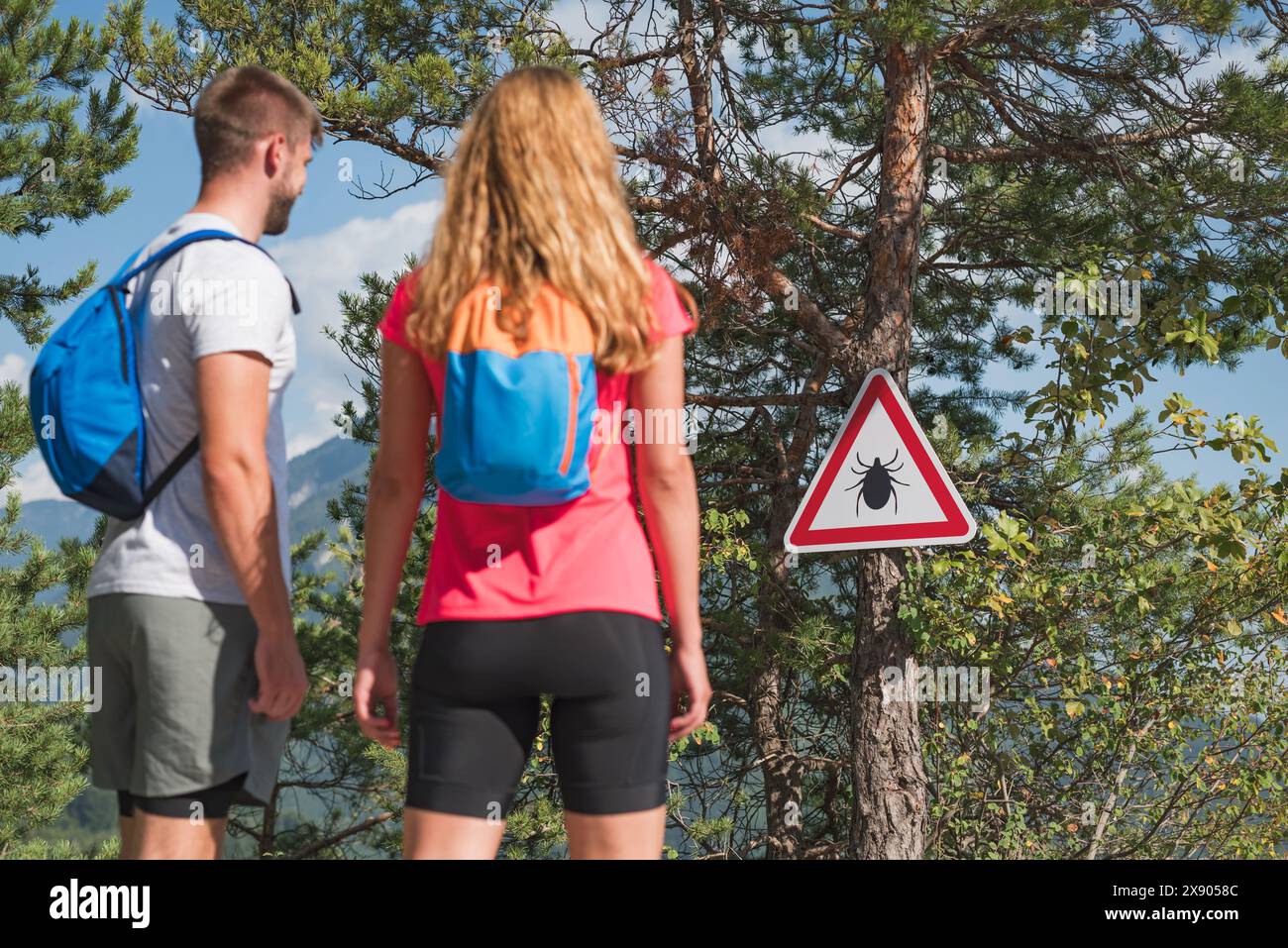 Homme et femme marchant sur le sentier de randonnée près de la forêt infectée par les tiques avec un panneau d'avertissement d'avertissement. Maladies à toxidermie et concepts de santé. Banque D'Images