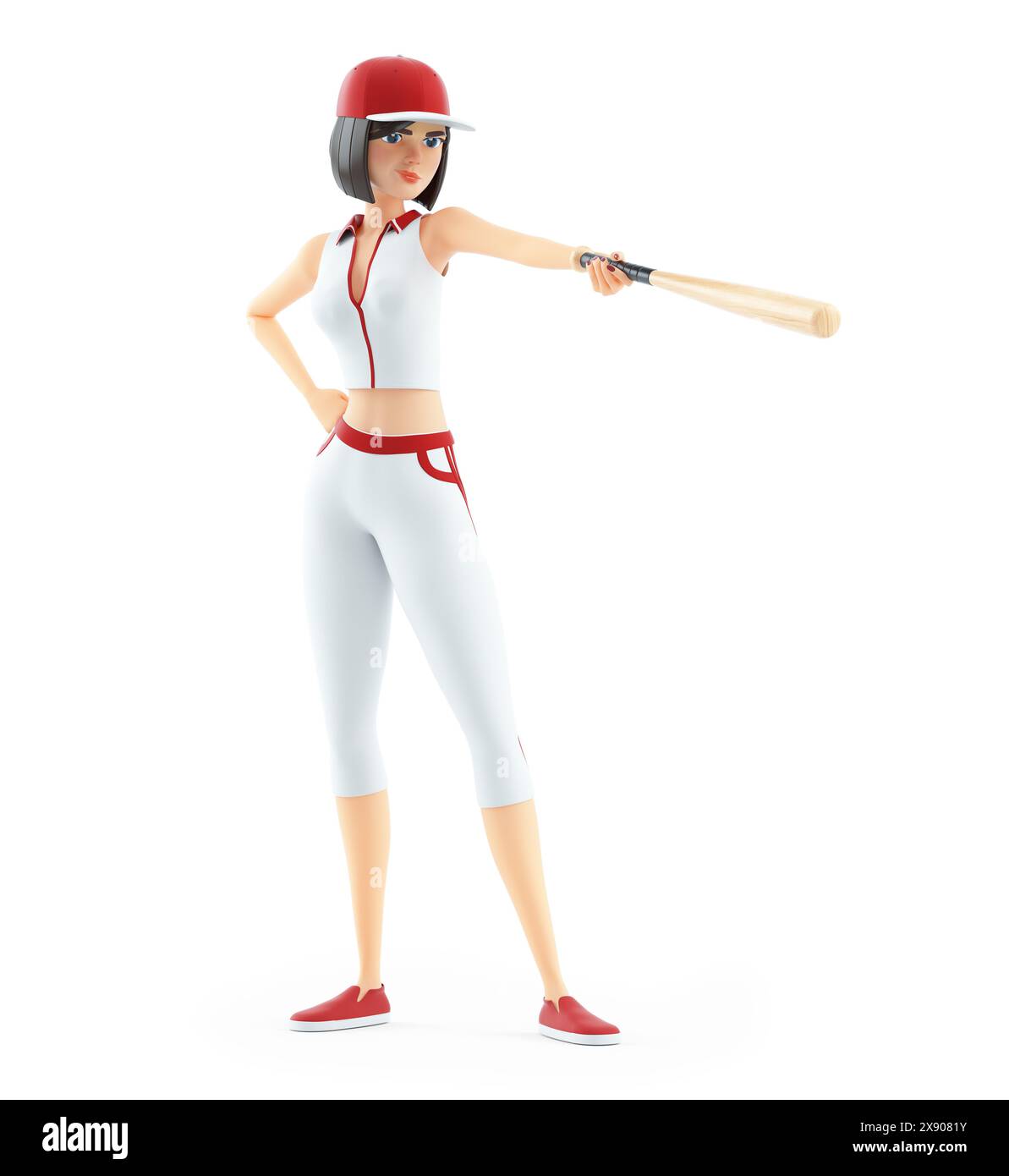 fille de baseball 3d pointant avec une batte, illustration isolée sur fond blanc Banque D'Images