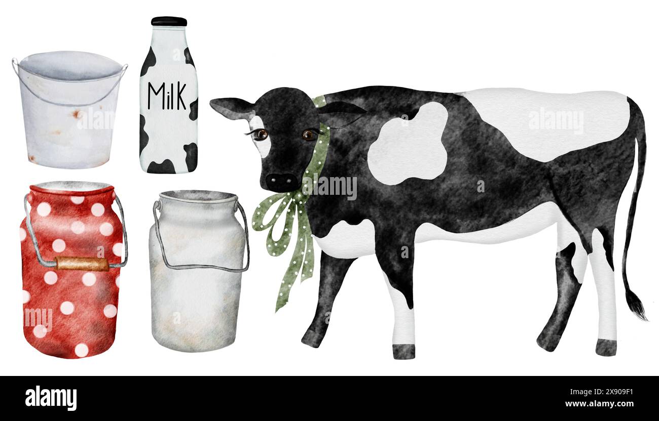 Ensemble aquarelle vache et lait. Dessin dessiné à la main de bétail, bouteille et buverie. Clip art isolé sur fond blanc. Idéal pour l'emballage des produits laitiers Banque D'Images