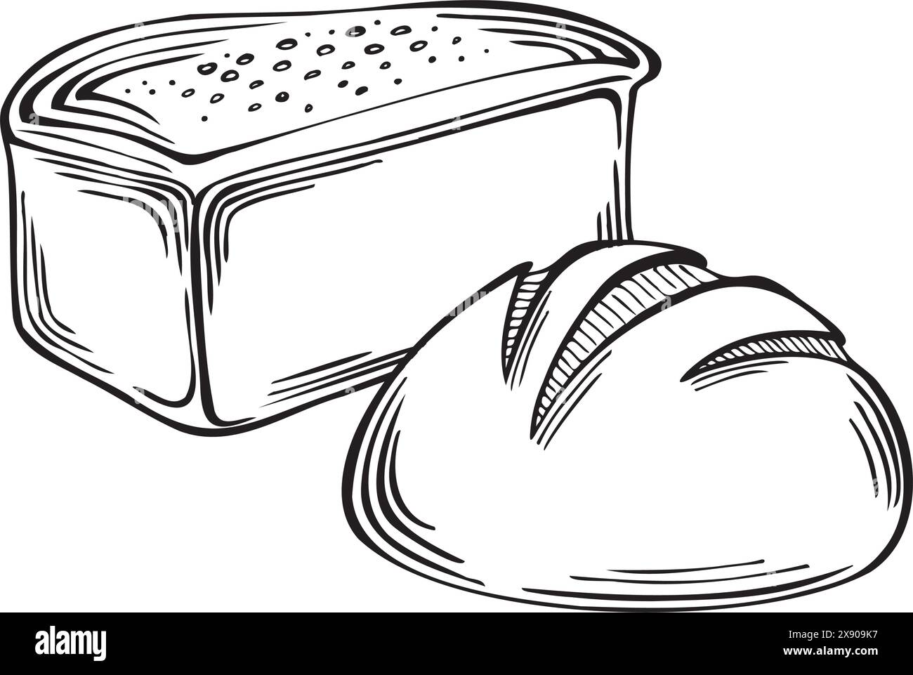 Pain avec pain rond. Produits de boulangerie blé et seigle. Illustration graphique vectorielle linéaire, isolée. Croquis de produits alimentaires traditionnels. Modèle pour WR Illustration de Vecteur