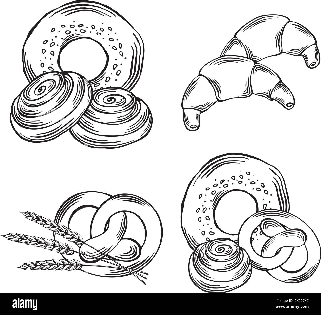 Set de produits de boulangerie. Illustration graphique vectorielle, isolée. Croissant et pain à la cannelle, Pretsel et bagel au sésame. Croquis de pain traditionnel FL Illustration de Vecteur