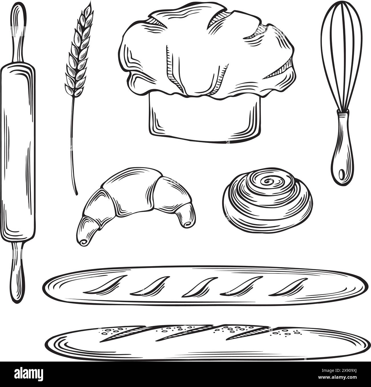 Produits et outils de boulangerie française. Illustration graphique vectorielle. Assorti de baguettes, croissants et petits pains à la cannelle. Chapeau de chef, rouleau à pâtisserie et fouet avec pointe Illustration de Vecteur