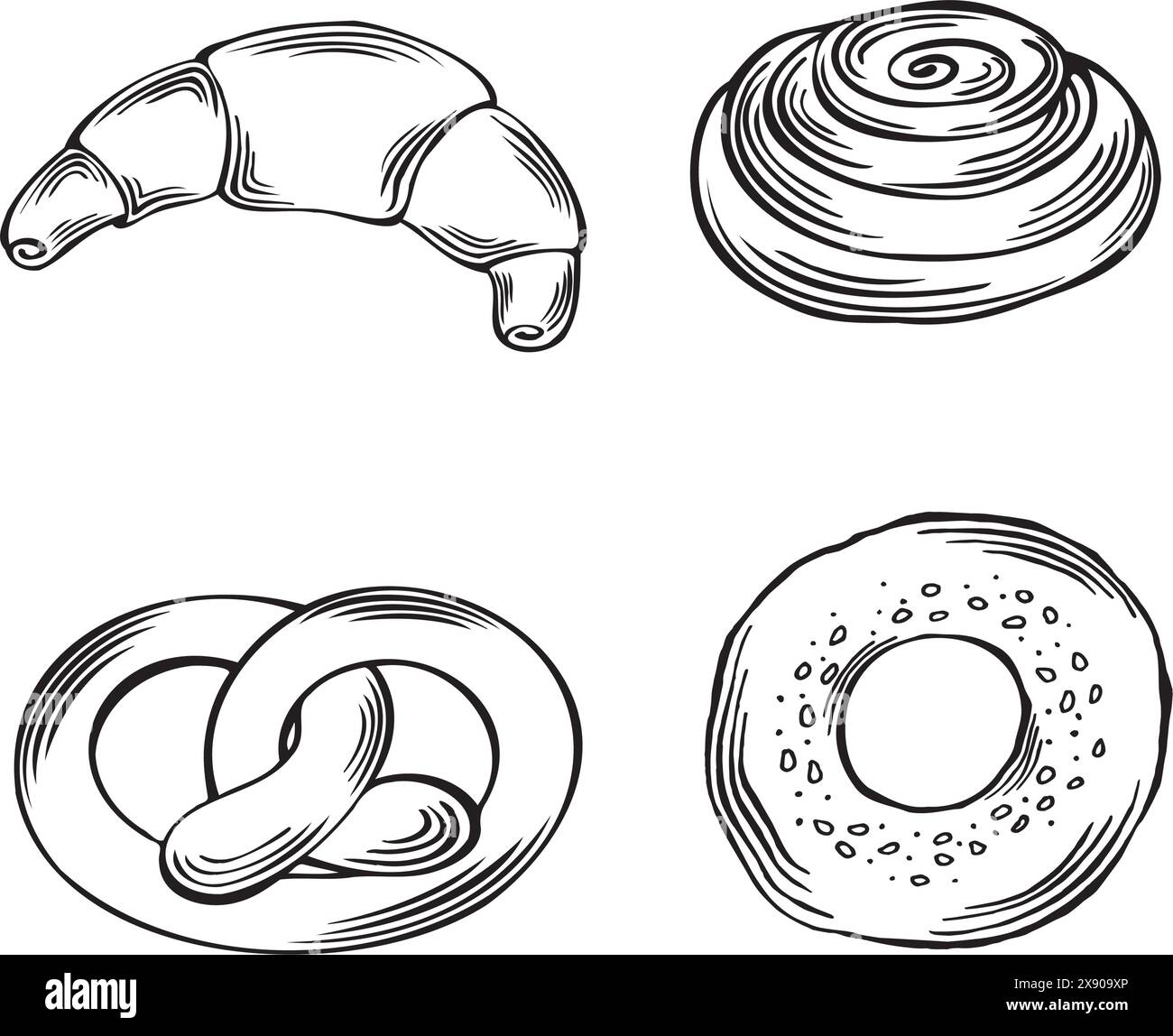 Set de produits de boulangerie. Illustration graphique vectorielle, isolée. Croissant et pain à la cannelle, Pretsel et bagel au sésame. Croquis de pain traditionnel FL Illustration de Vecteur