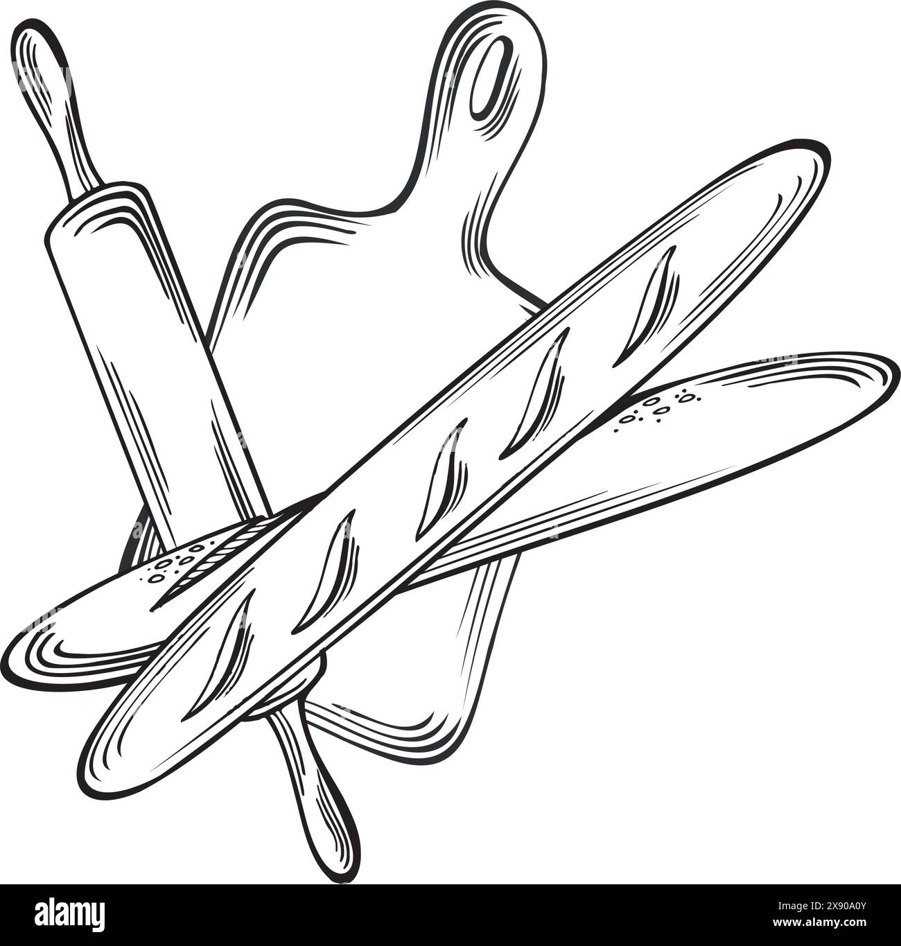 Baguettes et outils de cuisson. Boulangerie, pain français. Planche à découper avec rouleau à pâtisserie, instruments. Contour d'illustration plat vectoriel, isolé. Tempo Illustration de Vecteur