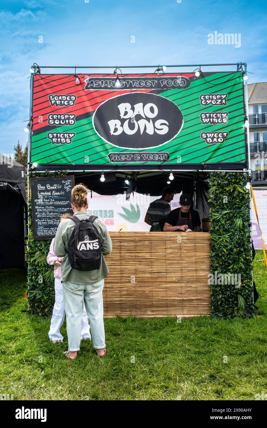 BaO Buns cuisine asiatique Stall au festival Cornwall Street Food à Newquay en Cornouailles au Royaume-Uni. Banque D'Images