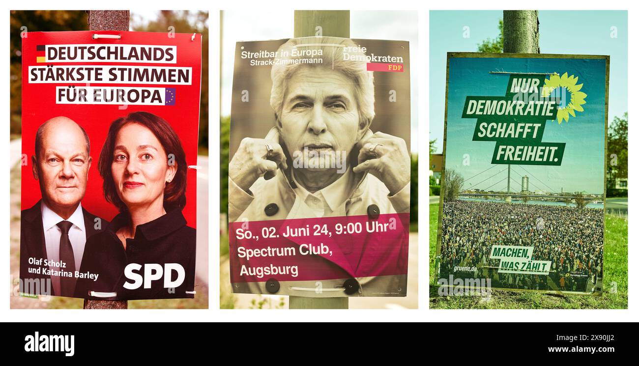 28 mai 2024 : affiches électorales pour les élections européennes de 2024 des partis de feux de signalisation allemands SPD, FDP, Verts. Feu de circulation gouvernement dans la campagne électorale image symbolique. PHOTOMONTAGE *** Wahlplakate zur Europawahl 2024 der deutschen Ampelparteien SPD, FDP, Die Grünen. Ampel Regierung im Wahlkampf Symbolbild. FOTOMONTAGE Banque D'Images