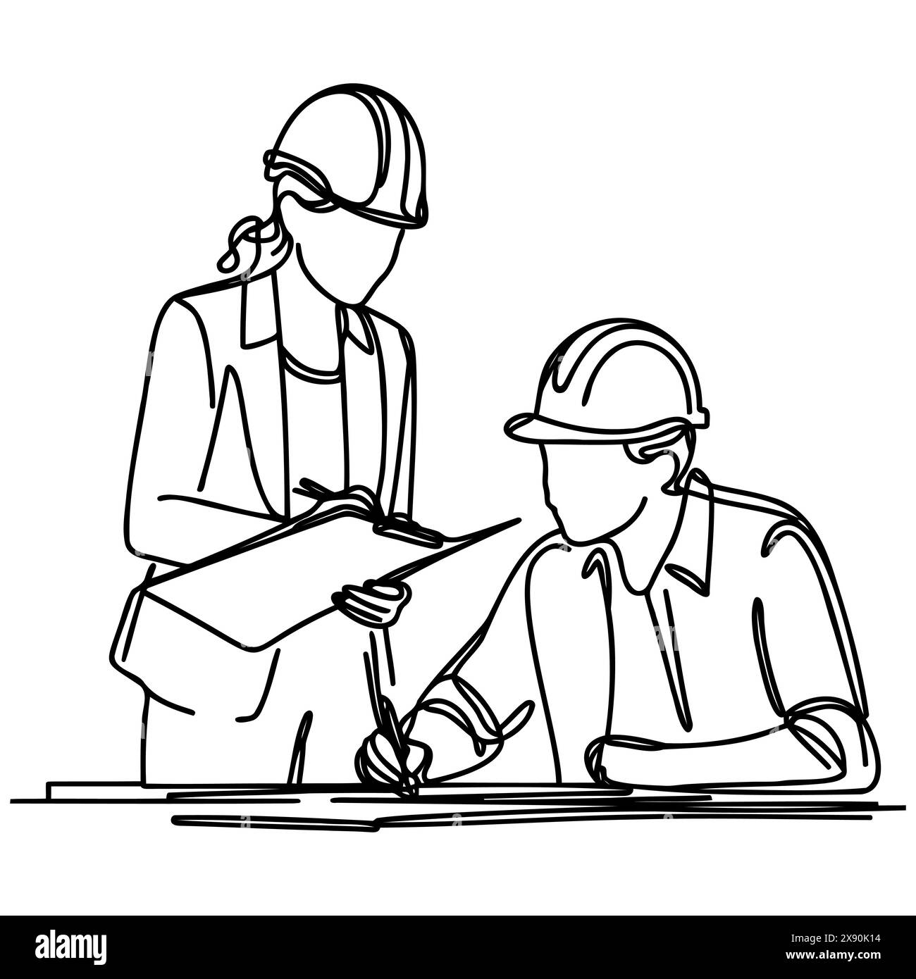 Dessin au trait continu d'un homme d'affaires et d'une femme d'affaires dans une usine, deux personnes professionnelles dans des casques, travaillant. Illustration vectorielle. Illustration de Vecteur