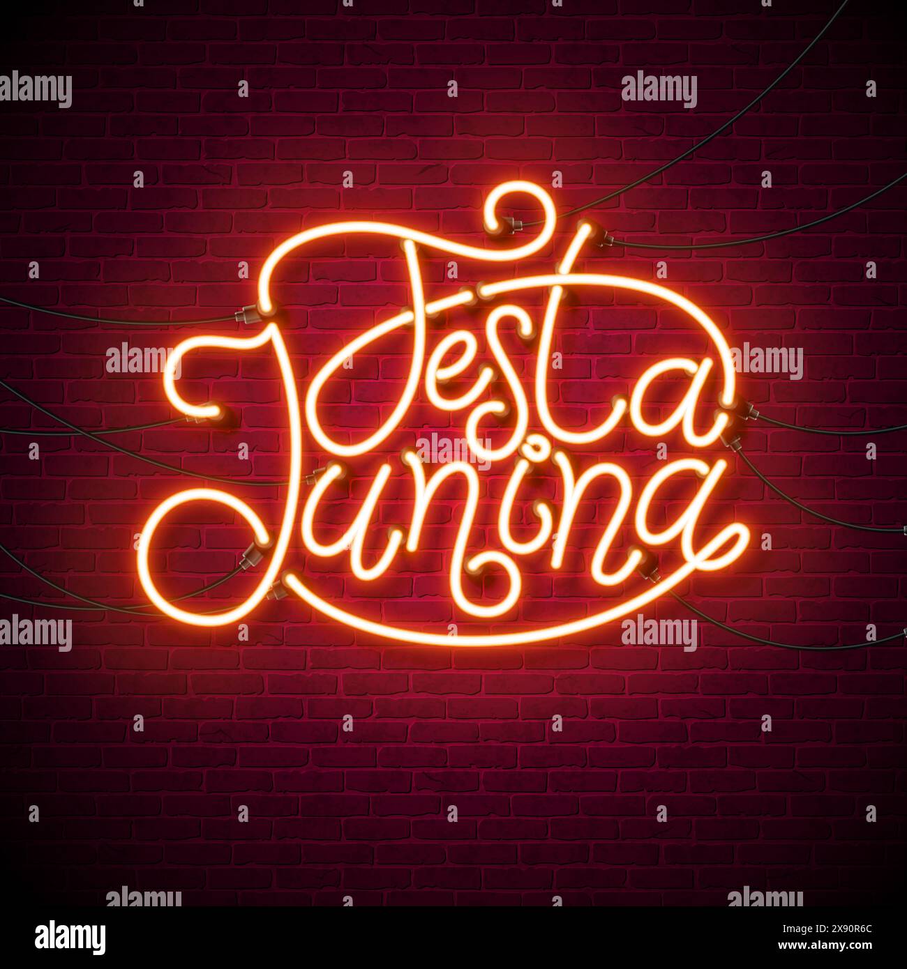 Illustration de Festa Junina avec lettre lumineuse néon éclatante sur fond de mur de briques vintage. Vector Brazil June Sao Joao Festival Design avec typographie Illustration de Vecteur